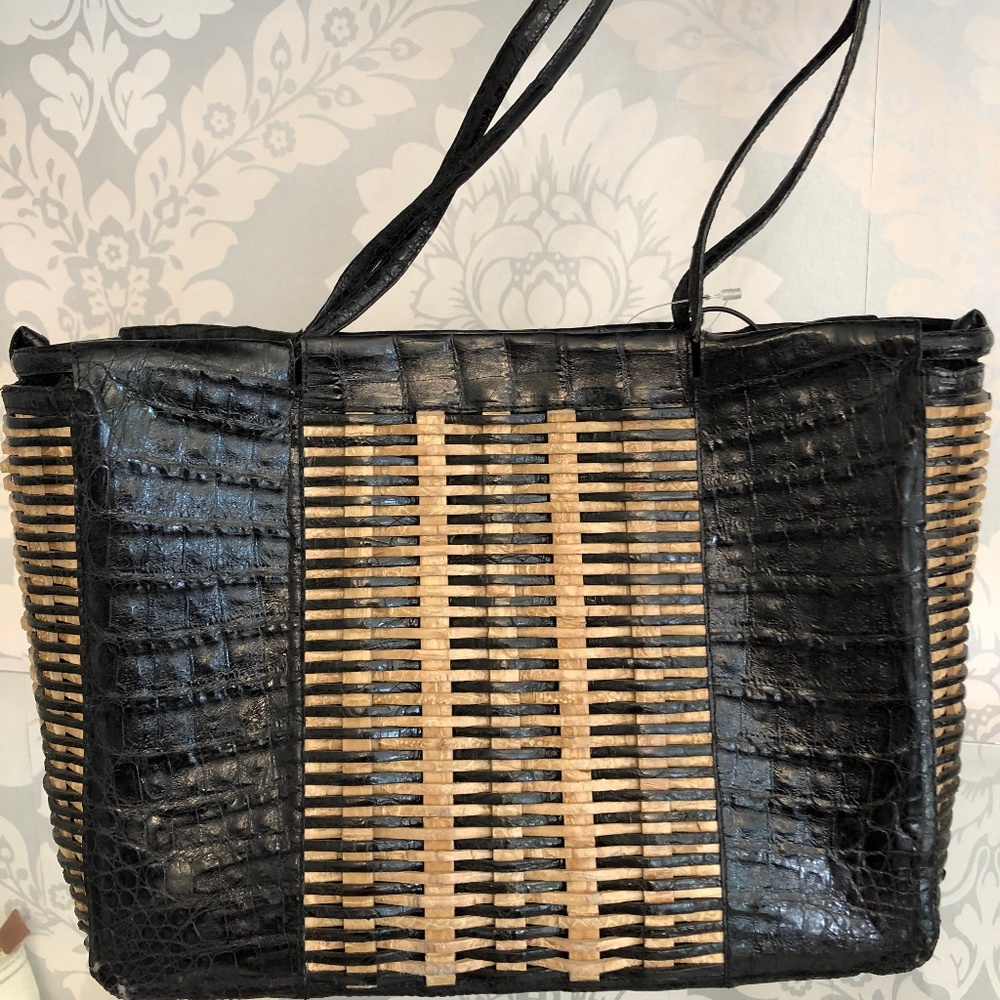 NANCY GONZALEZ Black & Tan Woven Crocodile Tote
